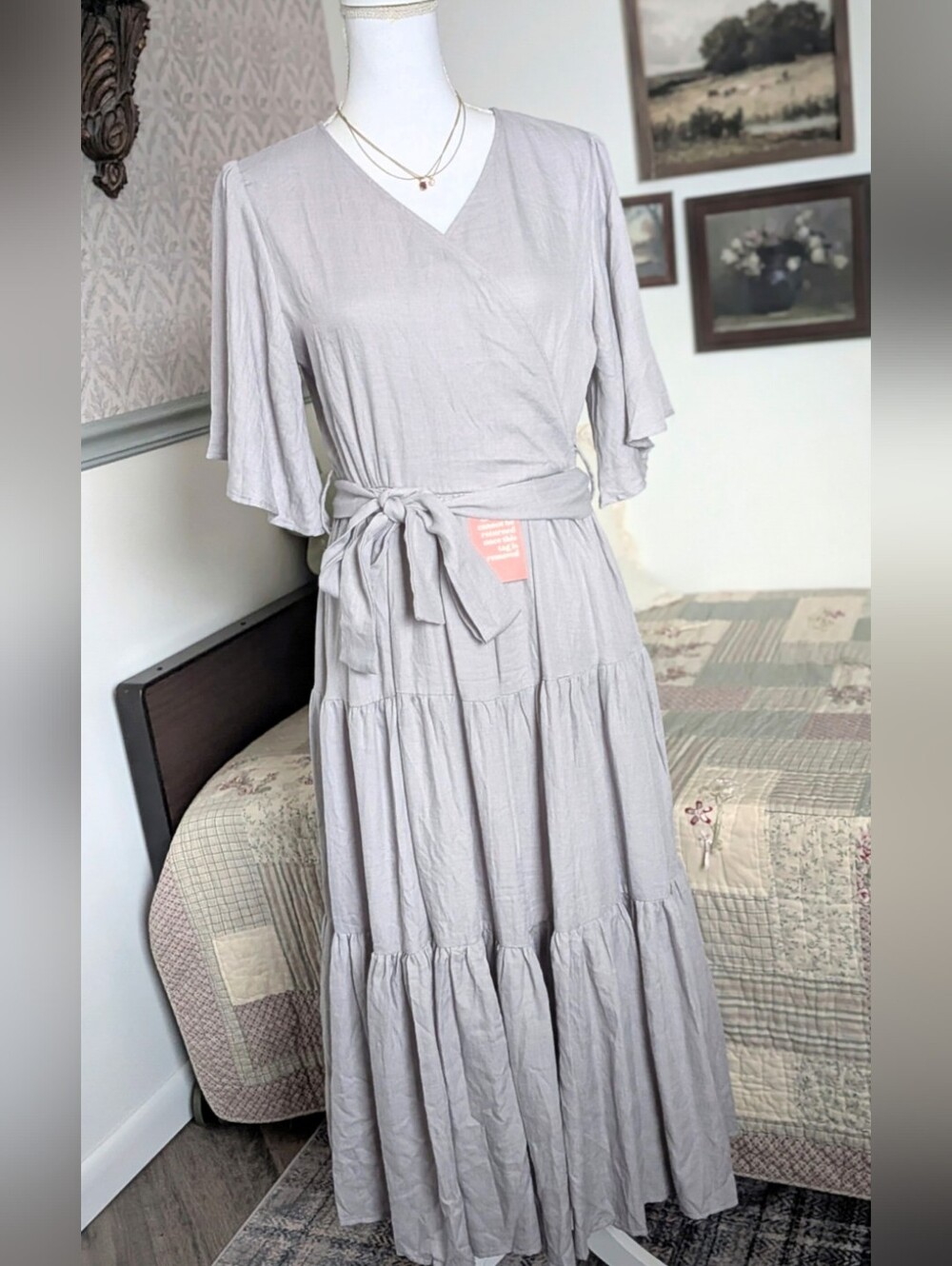 Ivy City Co Haley Dress NWT Gray Lilac Wrap Flutter Sleeve Tiered Midi M